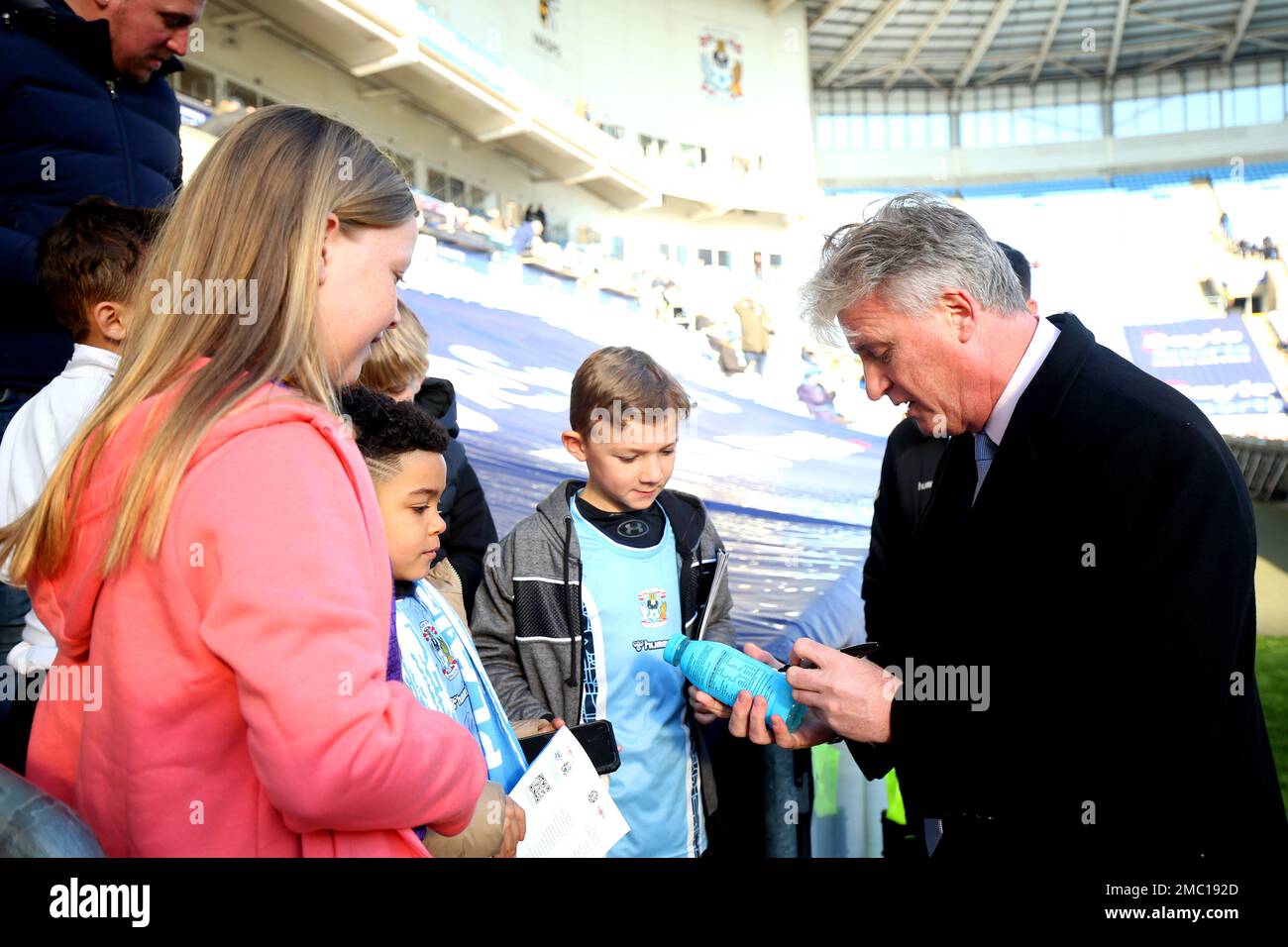 Coventry City owner and executive chairman Doug King signs autographs for fans ahead of the Sky Bet Championship match at the Coventry Building Society Arena, Coventry. Picture date: Saturday January 21, 2023. Stock Photo