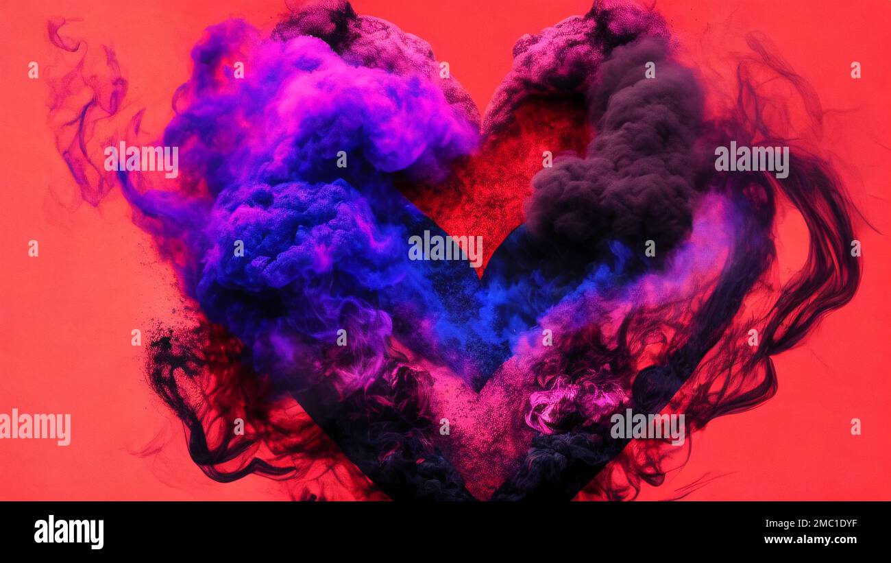A 3D render of a heart shape in magical colorful smoke effects on a red  background Stock Photo - Alamy, image size:1300x821