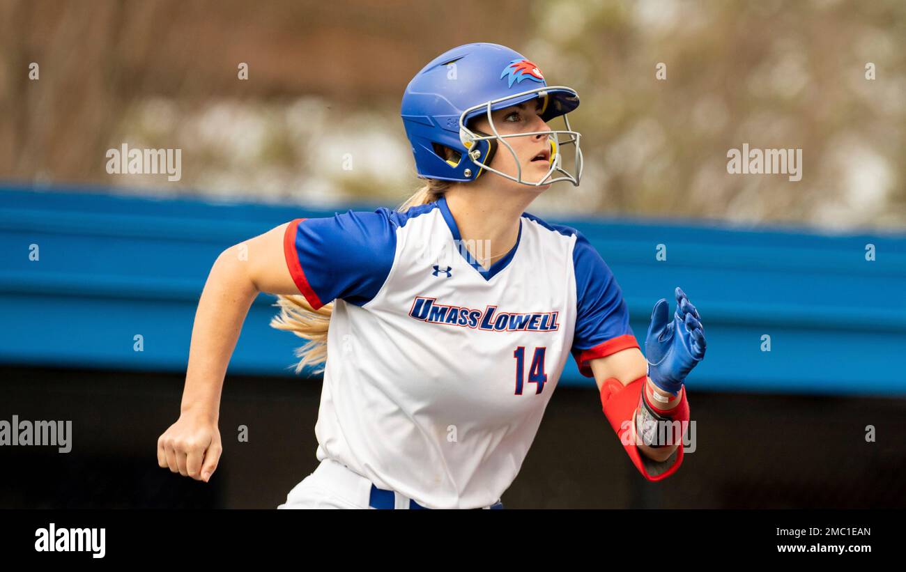 UMass Lowell outfielder Elizabeth Frederick (14) runs to first base during  an NCAA softball game on Sunday, March 6, 2022 in Hampton, Va. (AP Photo/ Mike Caudill Stock Photo - Alamy