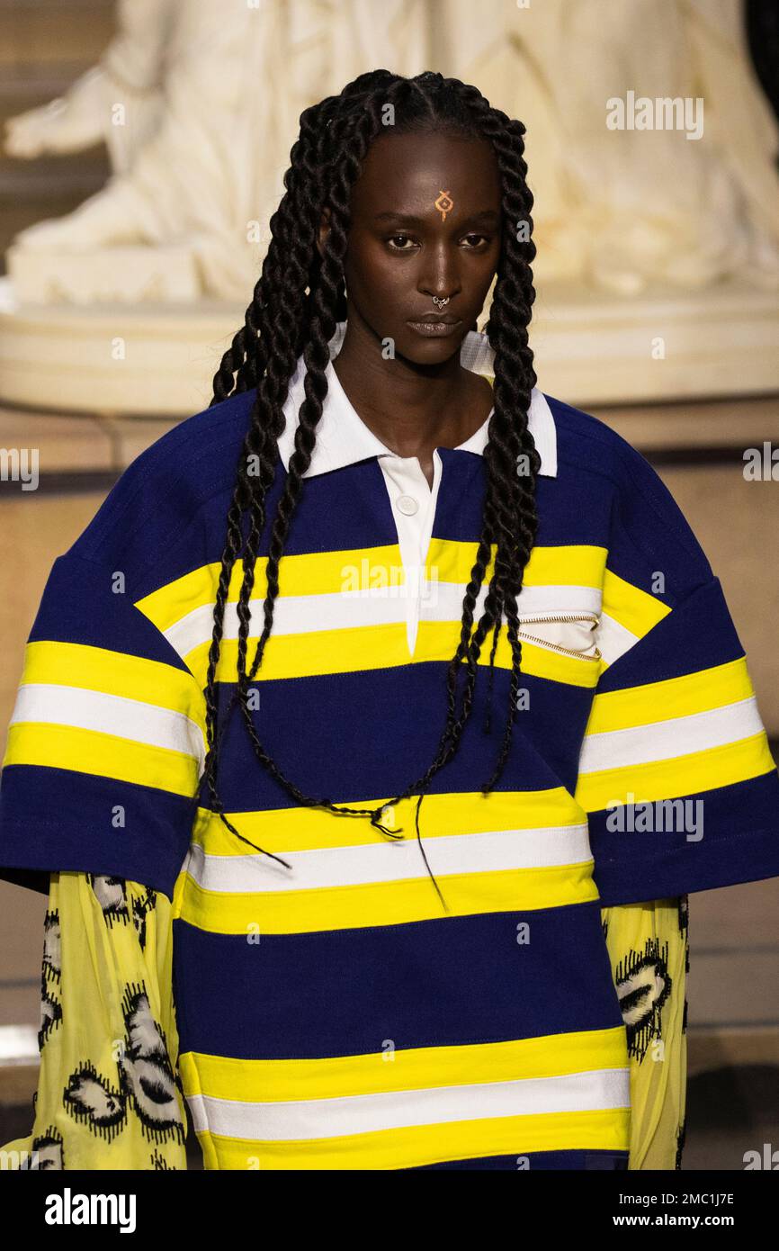 A model wears a creation as part of the Louis Vuitton Ready To Wear  Fall/Winter 2022-2023 fashion collection, unveiled during the Fashion Week  in Paris, Monday, March 7, 2022. (Photo by Vianney