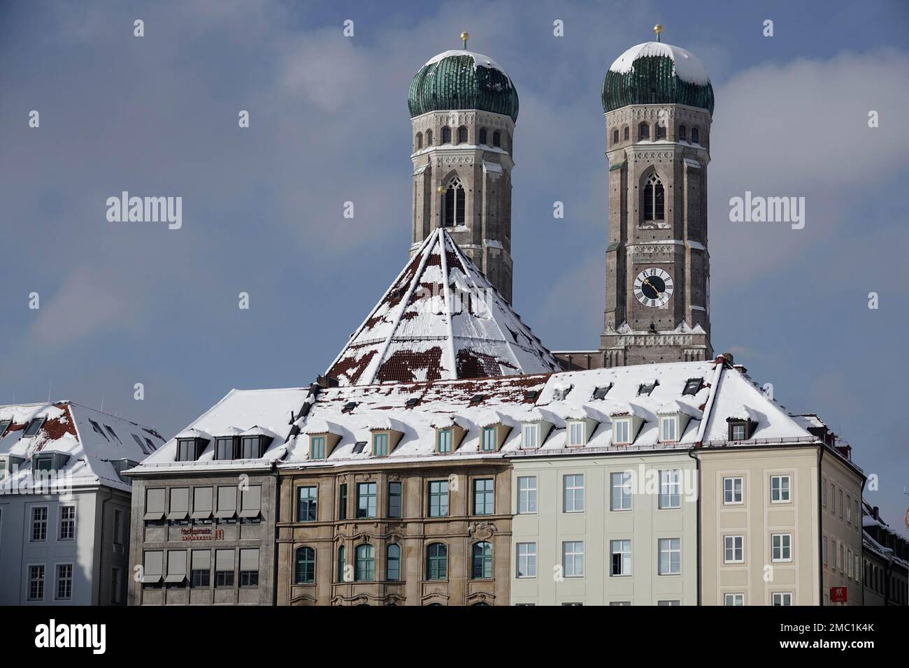 Towers of the Church of Our Lady, seen from the Marienhof, snow-covered in winter, Munich, Bavaria, Upper Bavaria, Germany Stock Photo