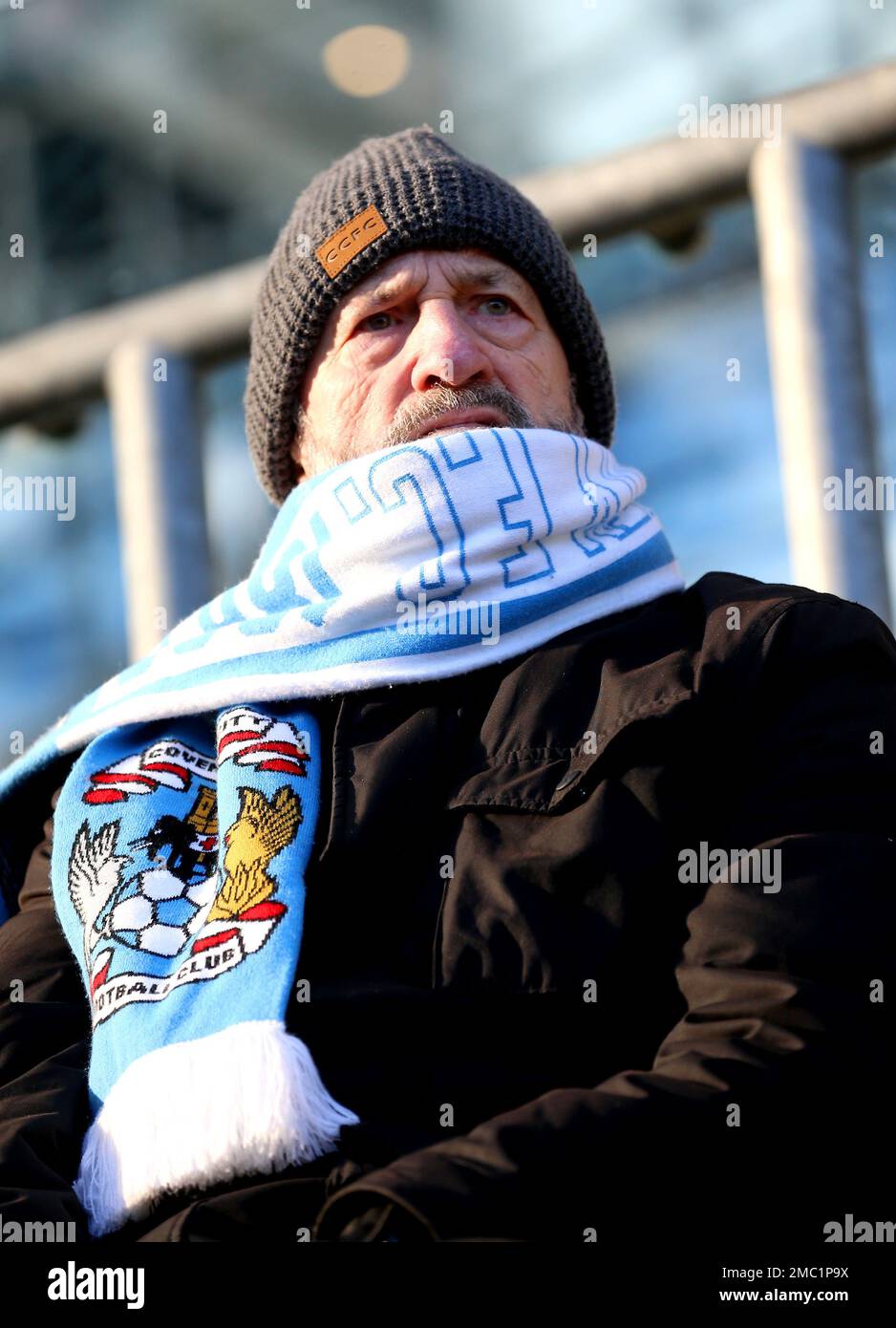 A Coventry City fan in the stands ahead of the Sky Bet Championship match at the Coventry Building Society Arena, Coventry. Picture date: Saturday January 21, 2023. Stock Photo