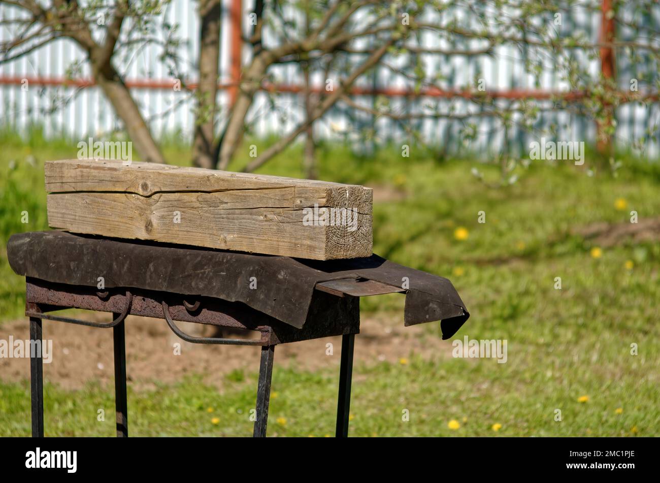 old timber lies in the garden, in the spring Stock Photo