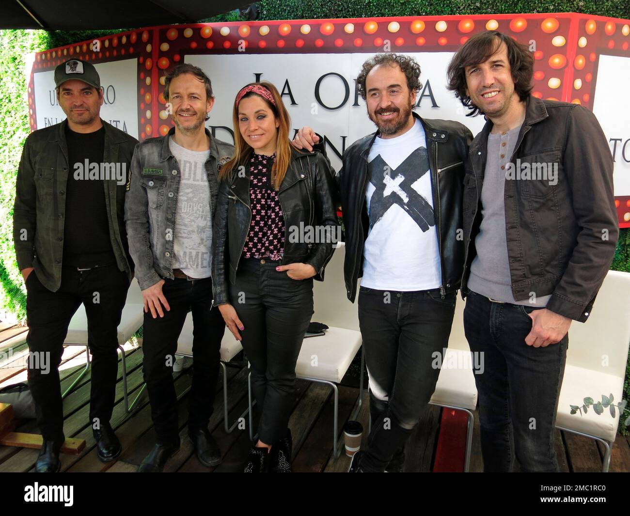 Members of Spain's band La Oreja de Van Gogh, from left, Alvaro Fuentes, Pablo Benegas, Leire Martinez, Xabi San Martín and Haritz Garde pose for a group photo on the sidelines of interviews with the media in Mexico City, March 3, 2022. (AP Photo/Berenice Bautista) Stock Photo