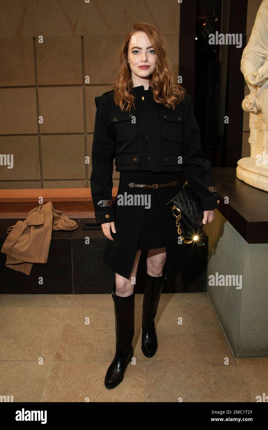 Emma Stone Gets Equestrian in Leather Boots With Mini Skirt & Military  Jacket at Louis Vuitton's Fall 2022 Show