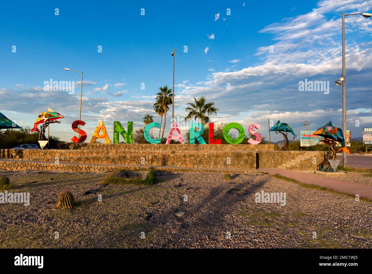Brightly colored block letters for spelling out San Carlos welcomes visitors to San Carlos, Sonora, Mexico. Stock Photo