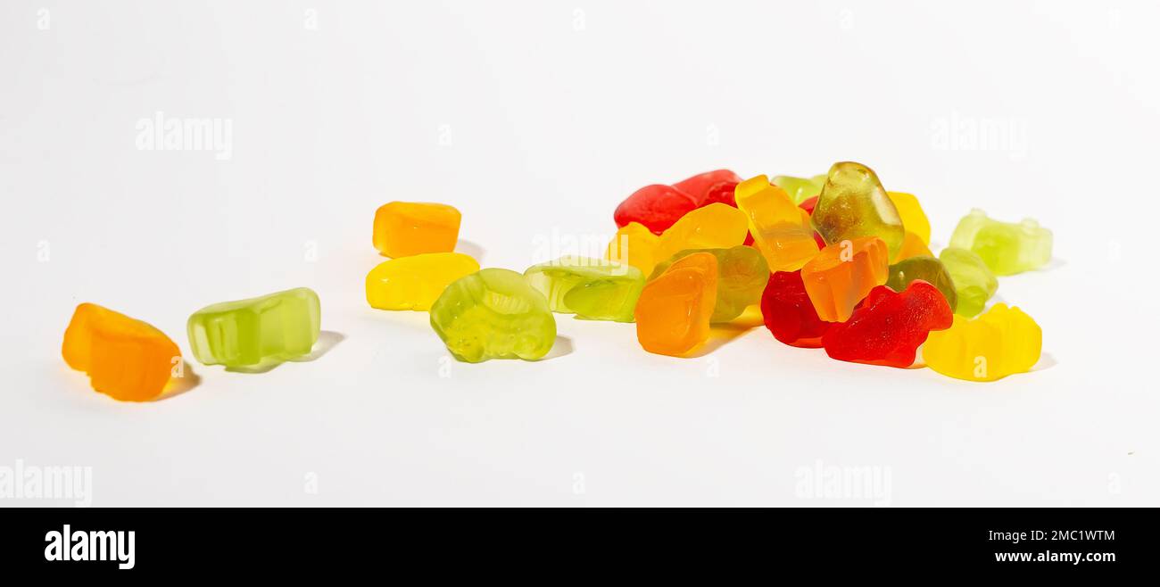 Jelly candies, gummy sweets. Colorful confectionery from gelatin. Fruit