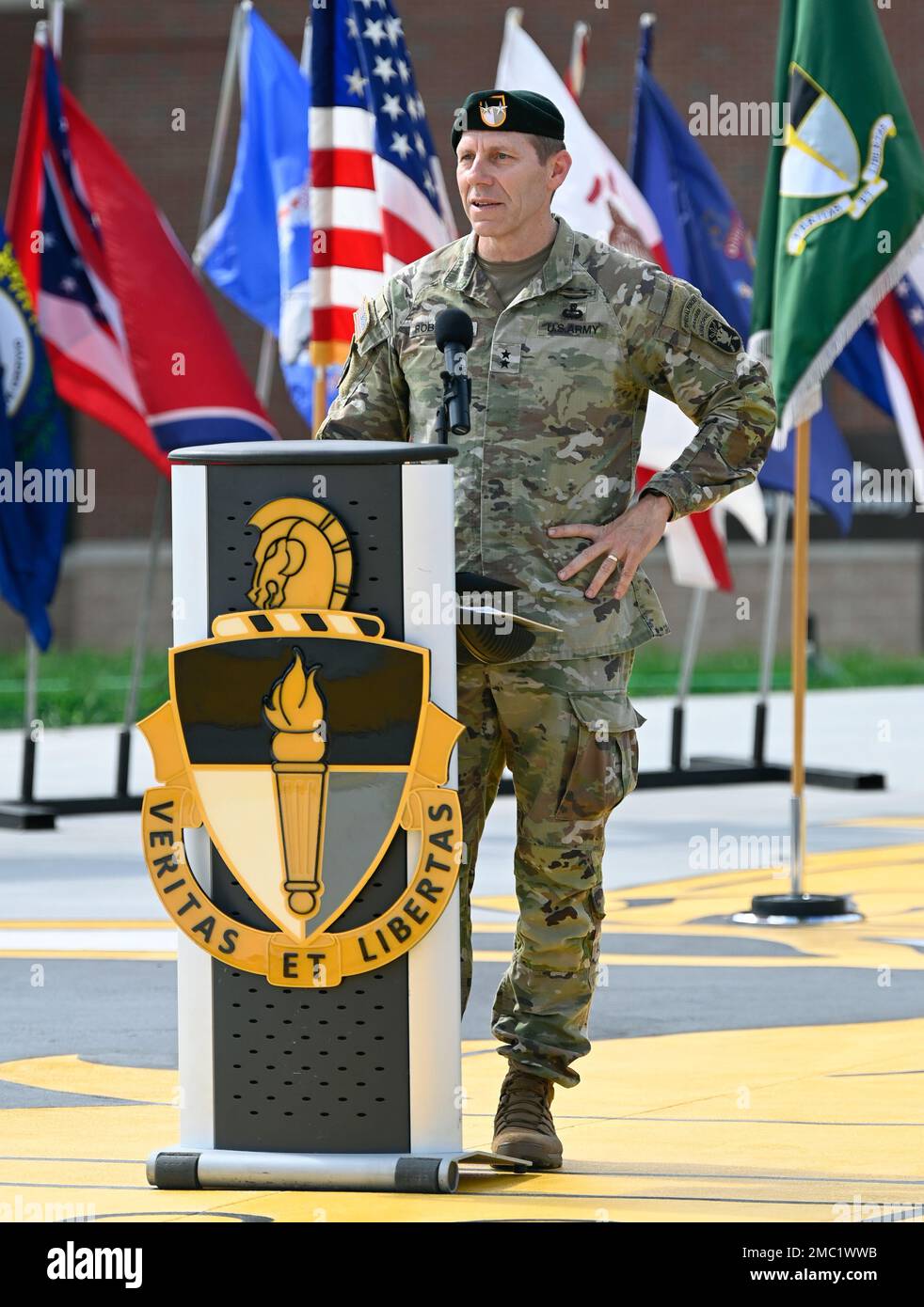 Major General Patrick B. Roberson, commander, U.S. Army John F. Kennedy Special Warfare Center and School, speaks during a ribbon cutting ceremony to dedicate the two newest buildings on the USAJFKSWCS campus at Fort Bragg, NC June 23, 2022. Chapman Hall, named for SFC Nathan R. Chapman, will house advanced skills, network courses, five training battalion headquarters and six company headquarters. Volckmann Hall, named for BG Russell W. Volckmann, will contain the 1st SWTG(A) headquarters, the Warrant Officer Institute and the Special Forces Officer Course. Stock Photo