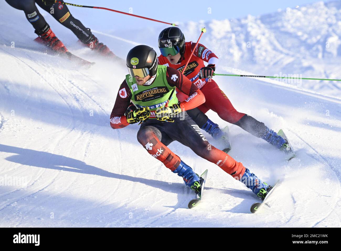 Idre, Sweden. 21st Jan, 2023. Canada's Jared Schmidt (green) and Japan's Satoshi Furono (red) in action during the men's Ski Cross eighth-finals of the FIS Freestyle Skiing World Cup in Idre, Sweden, on Jan. 20, 2023. Photo:  Anders Wiklund / TT / code 10040 Credit: TT News Agency/Alamy Live News Stock Photo