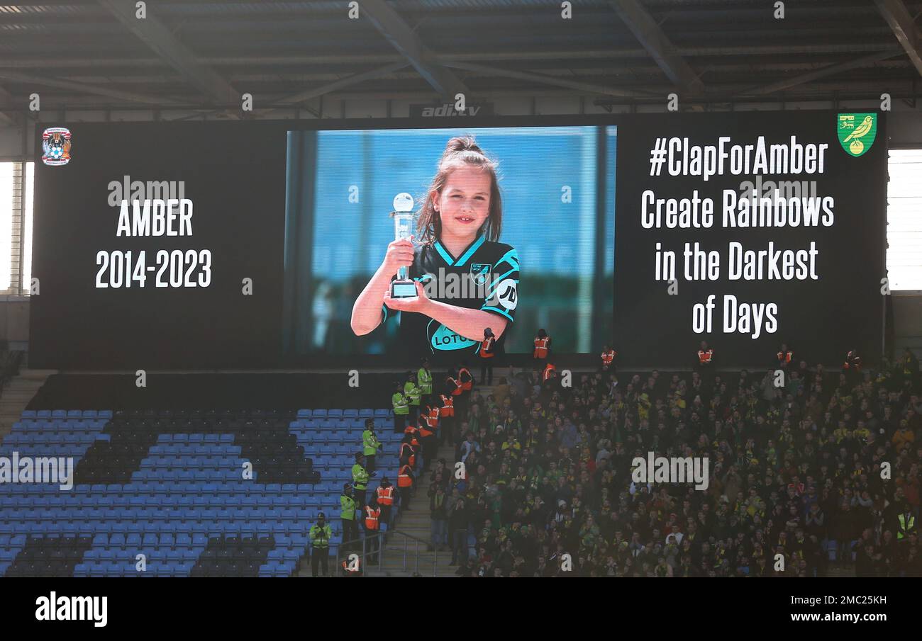 A tribute to Norwich City fan Amber Sheehy is shown on the big screen during the Sky Bet Championship match at the Coventry Building Society Arena, Coventry. Picture date: Saturday January 21, 2023. Stock Photo