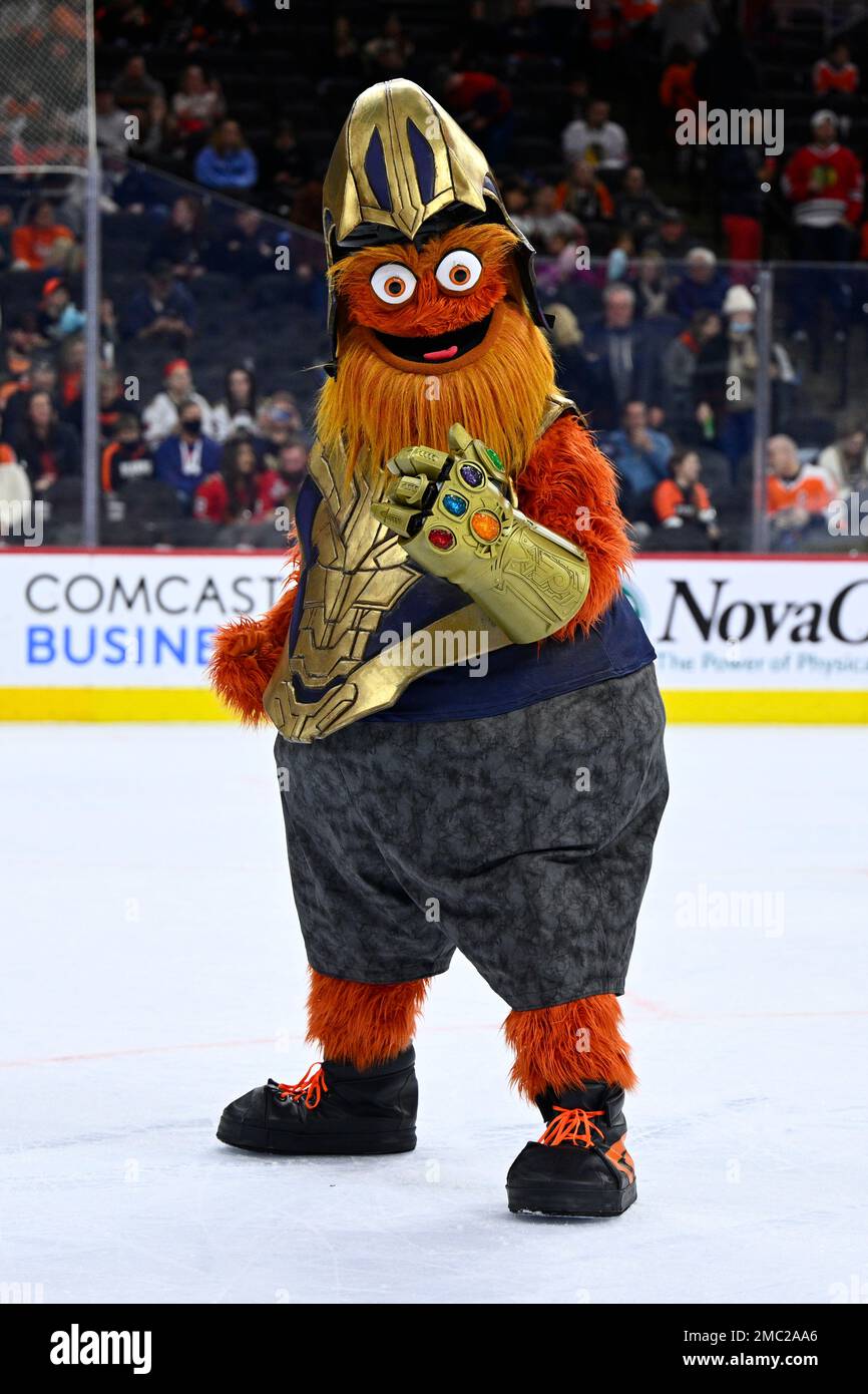 Philadelphia Flyers mascot Gritty performs during an NHL hockey