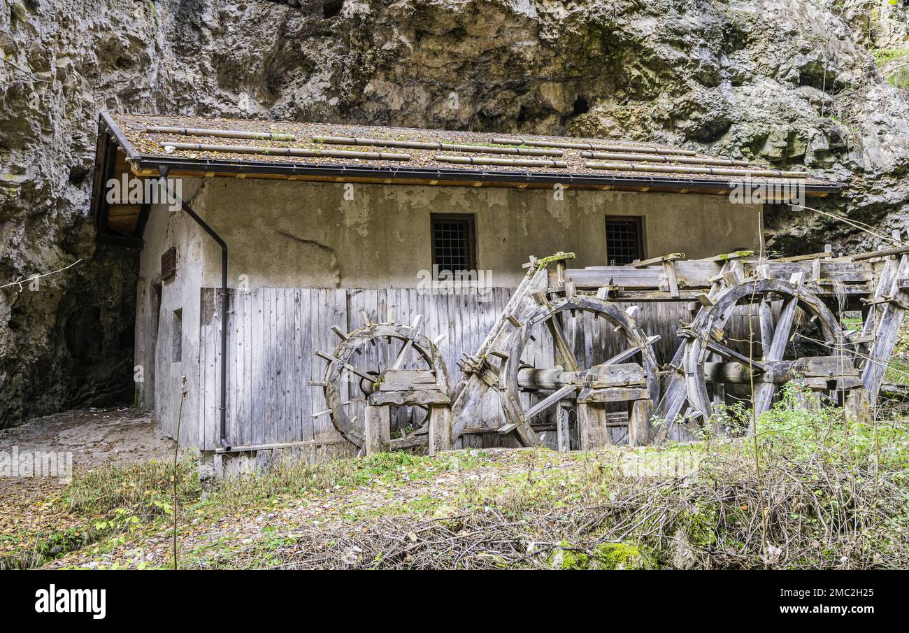 old mill along the Rio Sass di Fondo canyon in Non Valley, Trentino Alto Adige: a scenic excursion among narrow rock walls and fascinating light effec Stock Photo