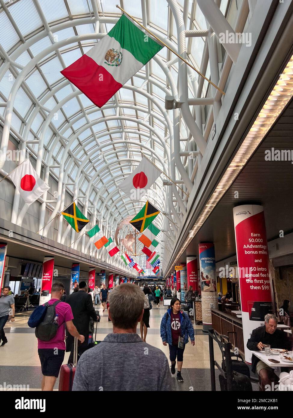 A vertical of country flags hanging at the O'Hare International Airport in Chicago with country
