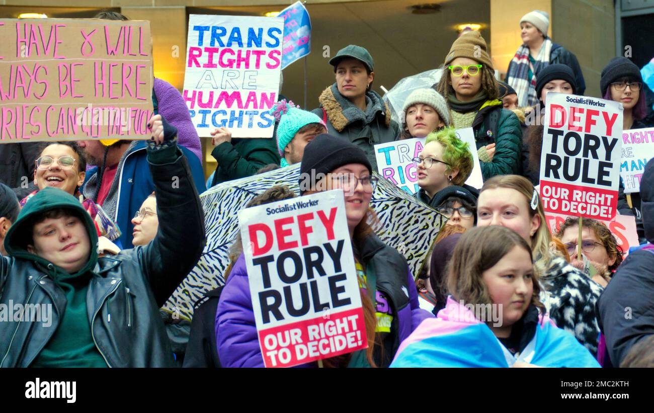 Glasgow, Scotland, UK 21stJanuary, 2023.  Large crowds of various supportive groups attended Rally for Trans equality on the steps of Buchanan galleries today at 11 a.m. Credit Gerard Ferry/Alamy Live News Stock Photo