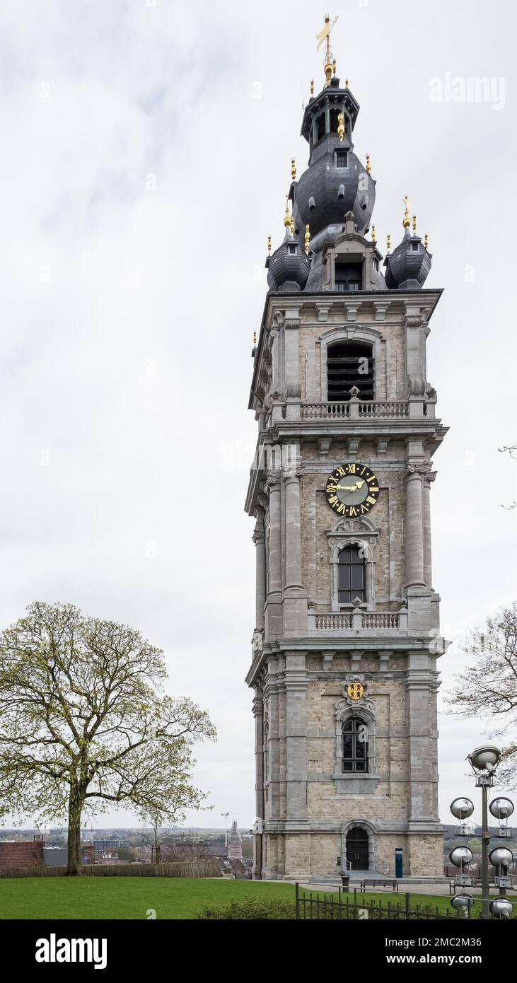 Architectural detail of the Belfry of Mons, the only belfry in Belgium constructed in Baroque style (inscribed on the UNESCO World Heritage on 1999) Stock Photo