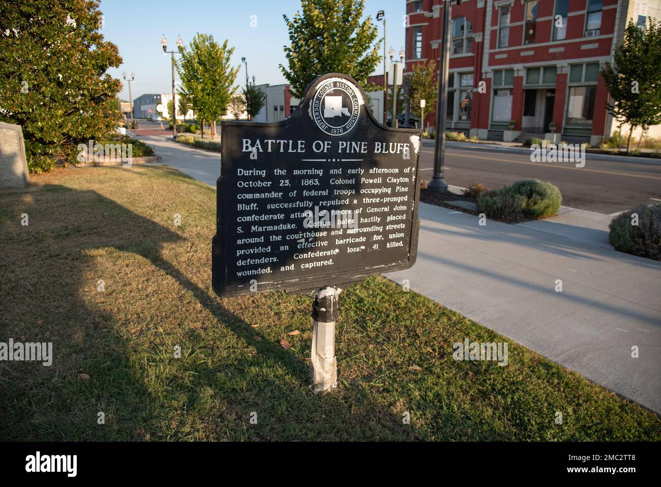 Historical marker for the Battle of Pine Bluff, Pine Bluff, Arkansas. Stock Photo