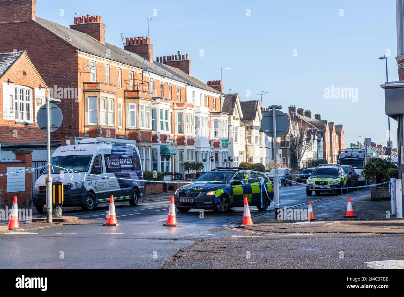 Northampton, UK. 21st January 2023. Northamptonshire Police have part of Abington Ave in the town tapped off and police vehicles have been in attendance since Thursday evening the19th because of a incident which involves concerns for the welfare of a man inside a house, it is still ongoing this morning the 21st. Credit: Keith J Smith./Alamy Live News Stock Photo