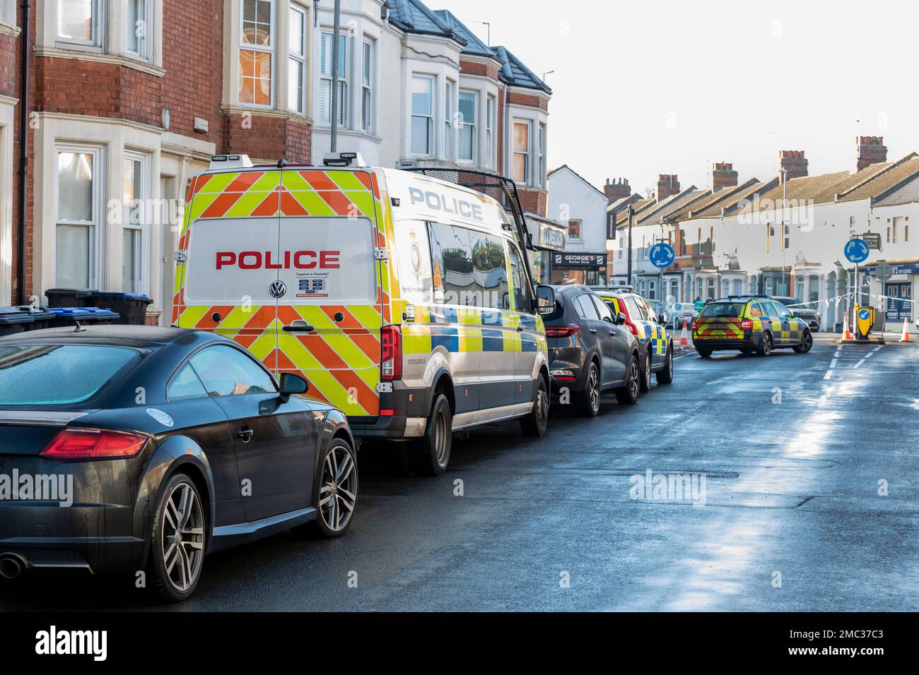 Northampton, UK. 21st January 2023. Northamptonshire Police have part of Abington Ave in the town tapped off and police vehicles have been in attendance since Thursday evening the19th because of a incident which involves concerns for the welfare of a man inside a house, it is still ongoing this morning the 21st. Credit: Keith J Smith./Alamy Live News Stock Photo