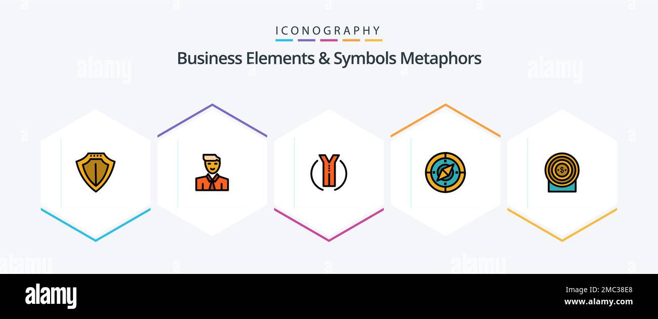 Business Elements And Symbols Metaphors 25 FilledLine icon pack including target. compass. avatar. navigator. location Stock Vector