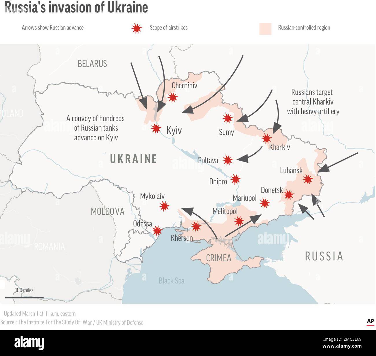 The following map shows the locations of known Russian military and ground attacks inside Ukraine after Russia a military invasion of Ukraine. information in this map is current as