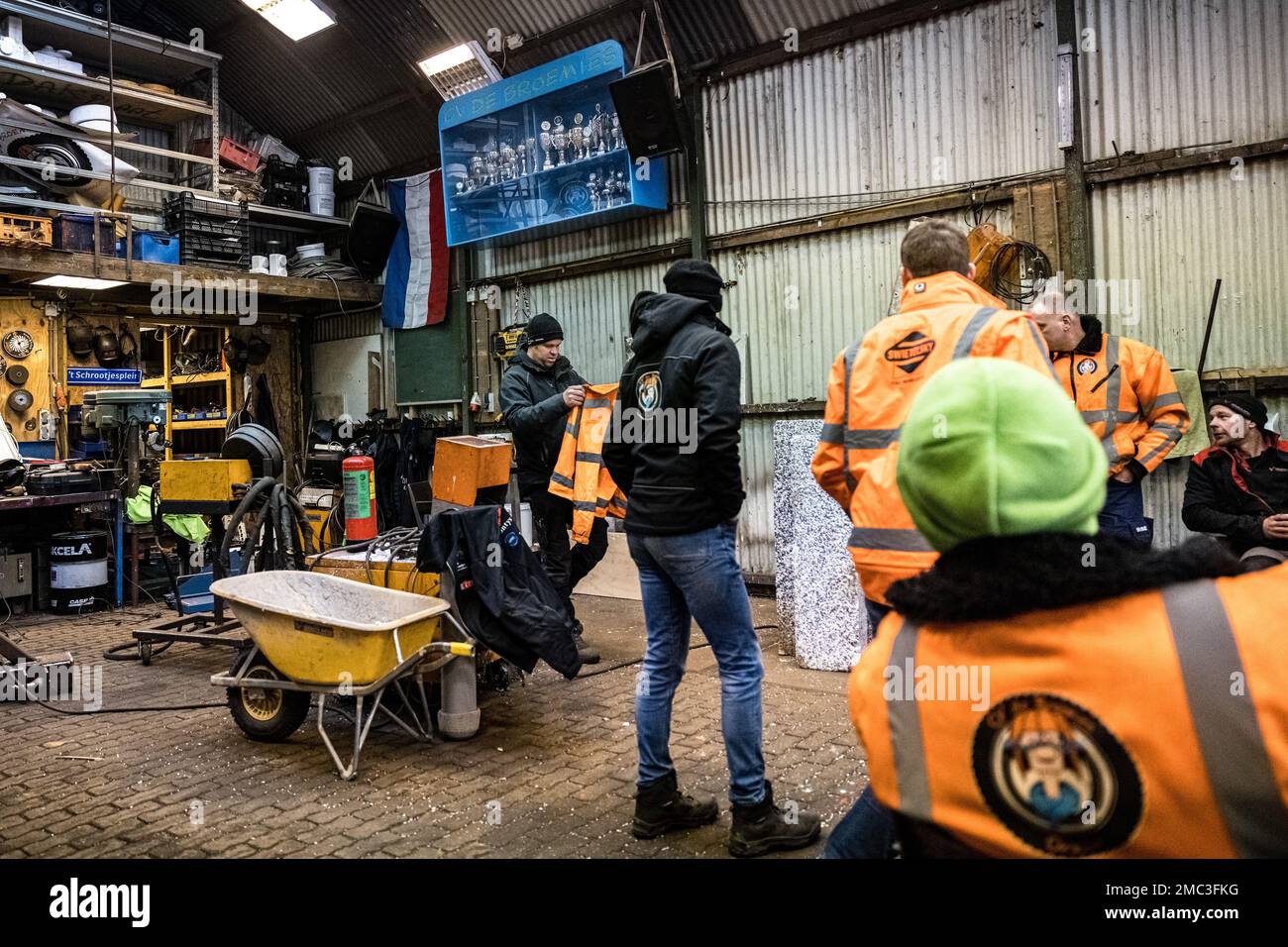OIRSCHOT - Members of a carnival association gather to practice assembling a float. Carnival is celebrated in the south of the country in February. ANP ROB ENGELAAR netherlands out - belgium out Credit: ANP/Alamy Live News Stock Photo