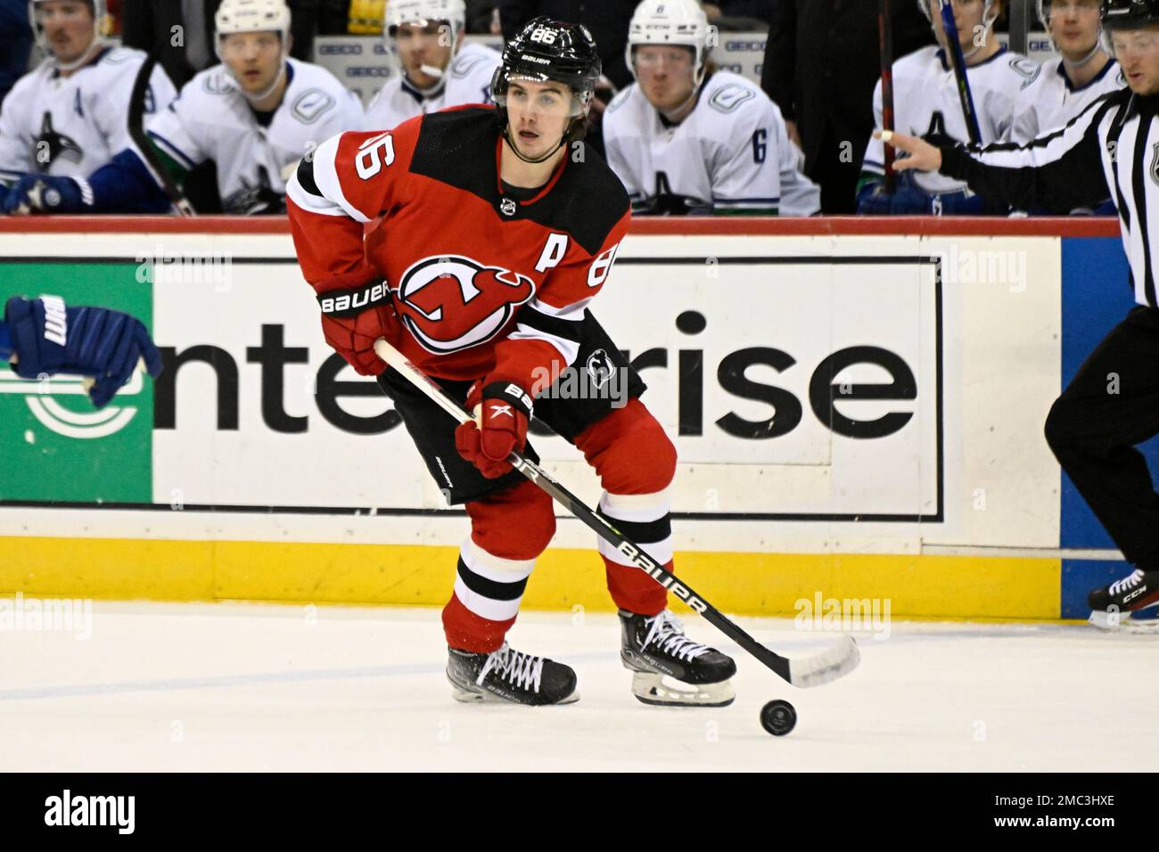 New Jersey Devils center Jack Hughes (86) during warm up for an