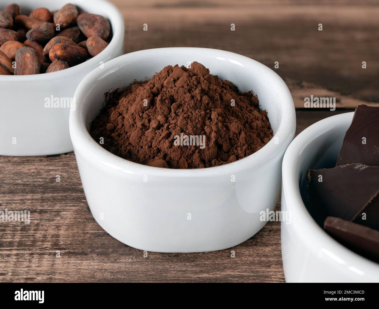 Cocoa powder in the bowl and other chocolate products on the wooden ...