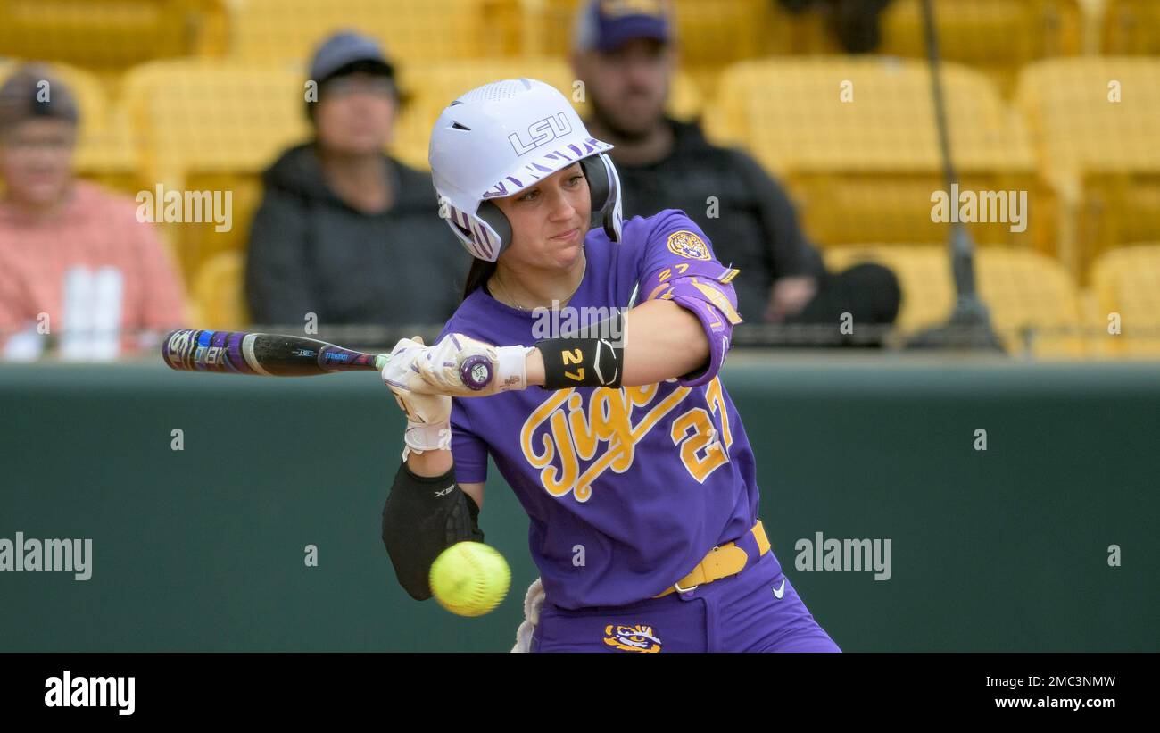 LSU pitcher Shelbi Sunseri (27) bats during an NCAA softball game