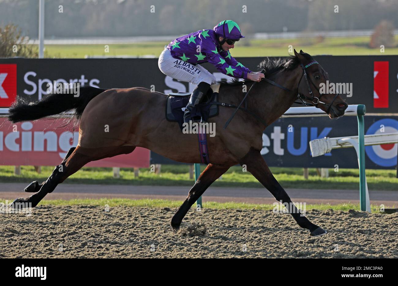 All The King's Men ridden by Ryan Moore wins the Spreadex Sports Get 40 In Bonuses Handicap at Lingfield Park Racecourse. Picture date: Saturday January 21, 2023. Stock Photo
