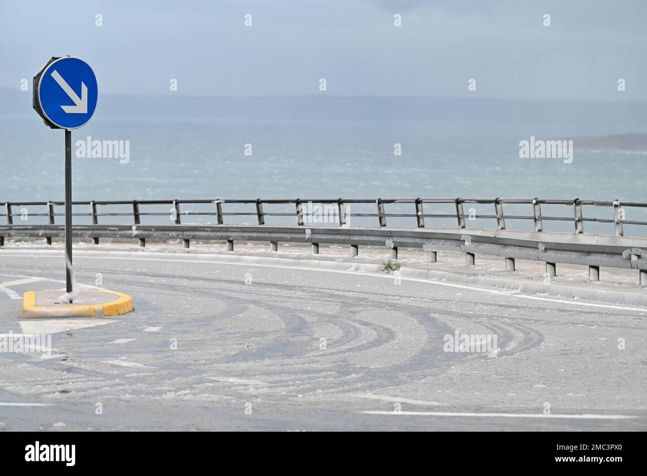Photo taken on Jan. 21, 2023 shows Adriatic Highway road covered with ...