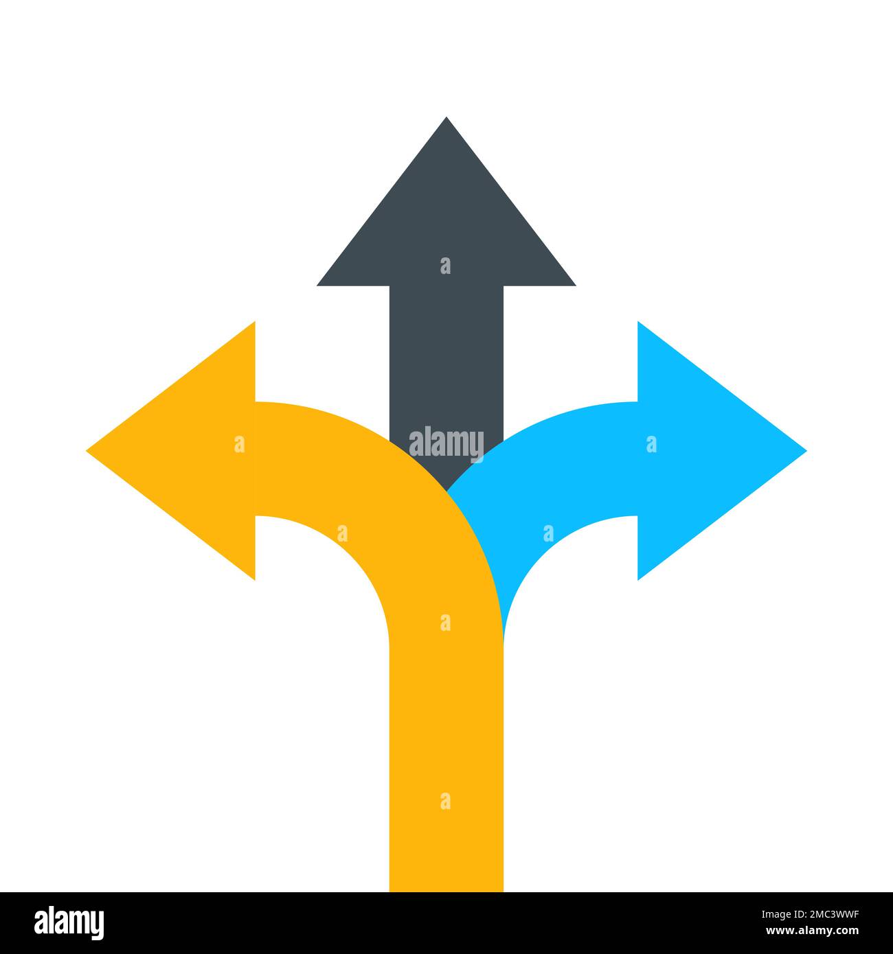 3 way decision opportunity option arrow. Three way direction vector path choice sign. Stock Vector