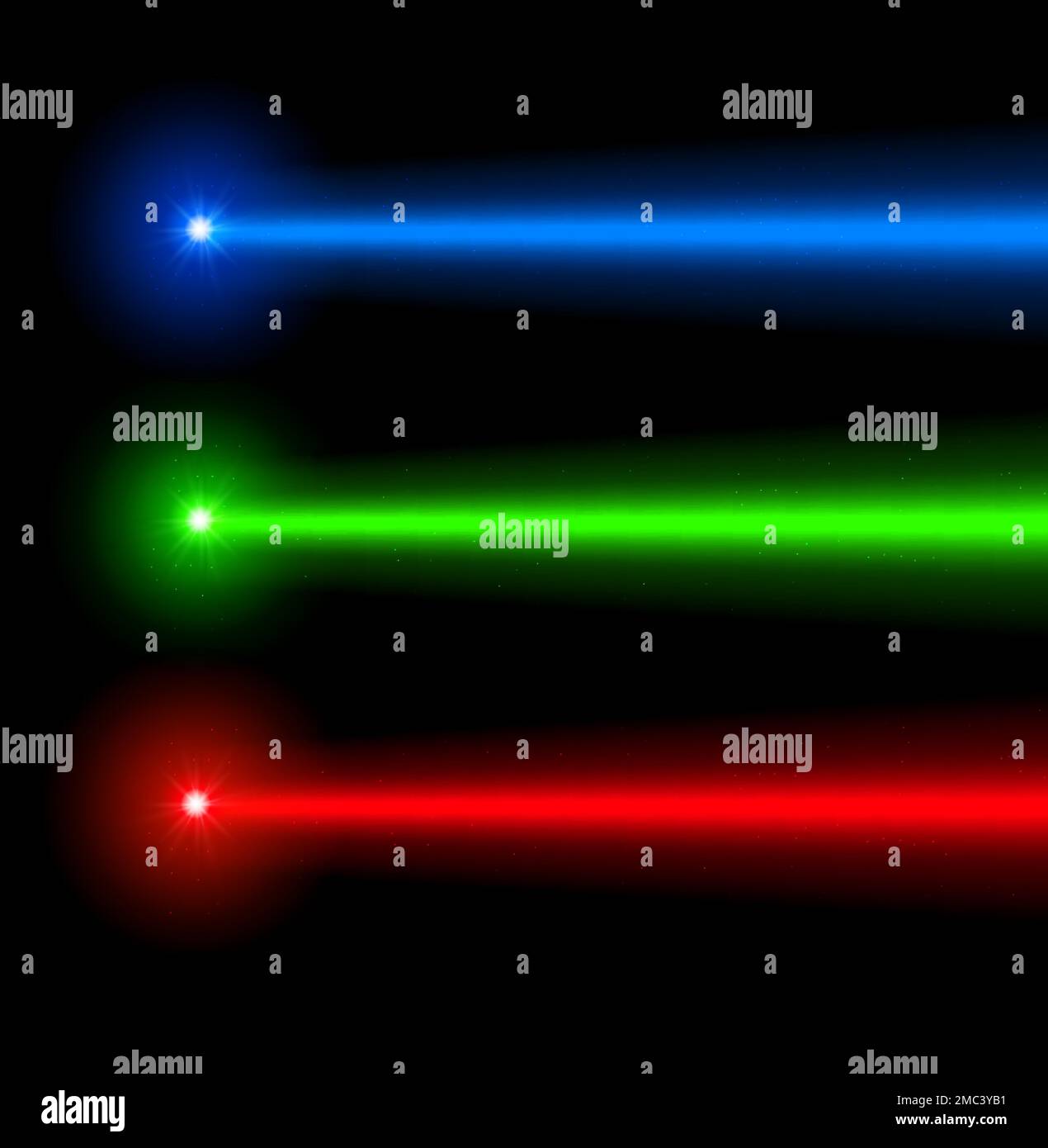 Laser beam blue green red light. Vector laser beam line ray glow effect