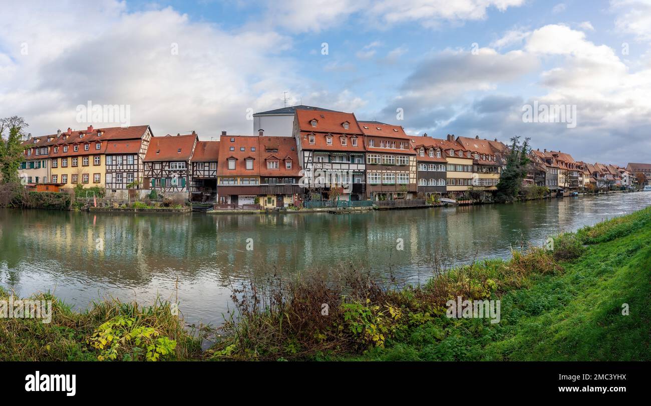 Panoramic view of Colorful houses at Linker Regnitzarm riverbank - Bamberg, Bavaria, Germany Stock Photo