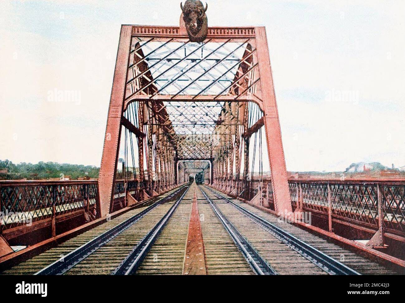 Union Pacific Bridge (East Entrance), only double track steel bridge across the Missouri River, circa 1900 Stock Photo