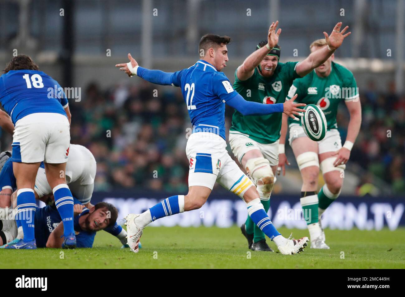 Italys Alessandro Fusco, front, kicks clear of a ruck during the Six Nations rugby union match between Ireland and Italy at the Aviva Stadium in Dublin, Ireland, Sunday, Feb