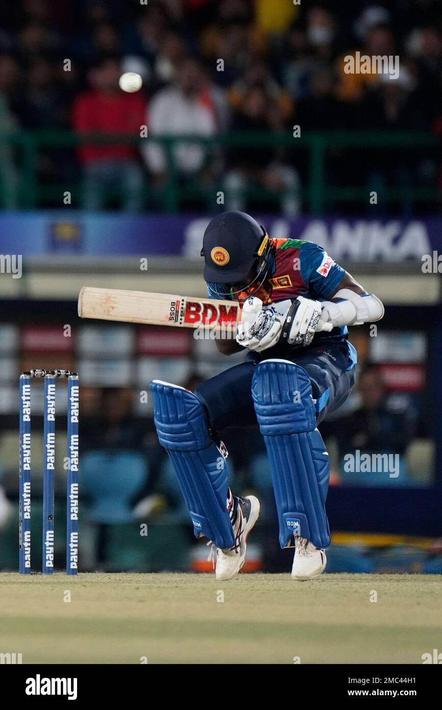 Sri Lanka's Janith Liyanage bends to avoid a rising delivery during the ...