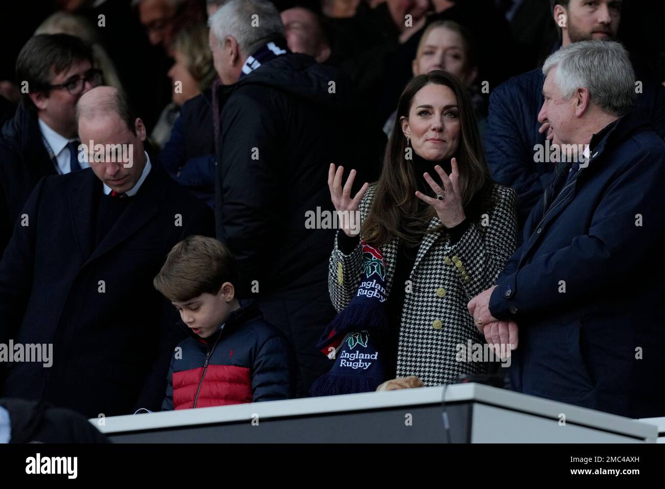 Britains Prince William, Kate, Duchess of Cambridge and Prince George watch the Six Nations rugby union match between England and Wales at Twickenham stadium, London, Saturday, Feb