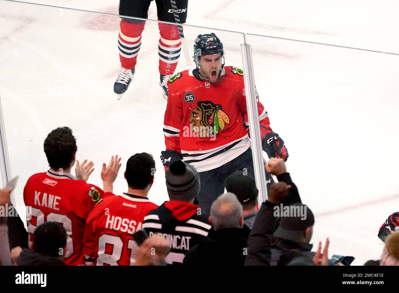 Chicago Blackhawks' Brandon Hagel celebrates his goal during the first
