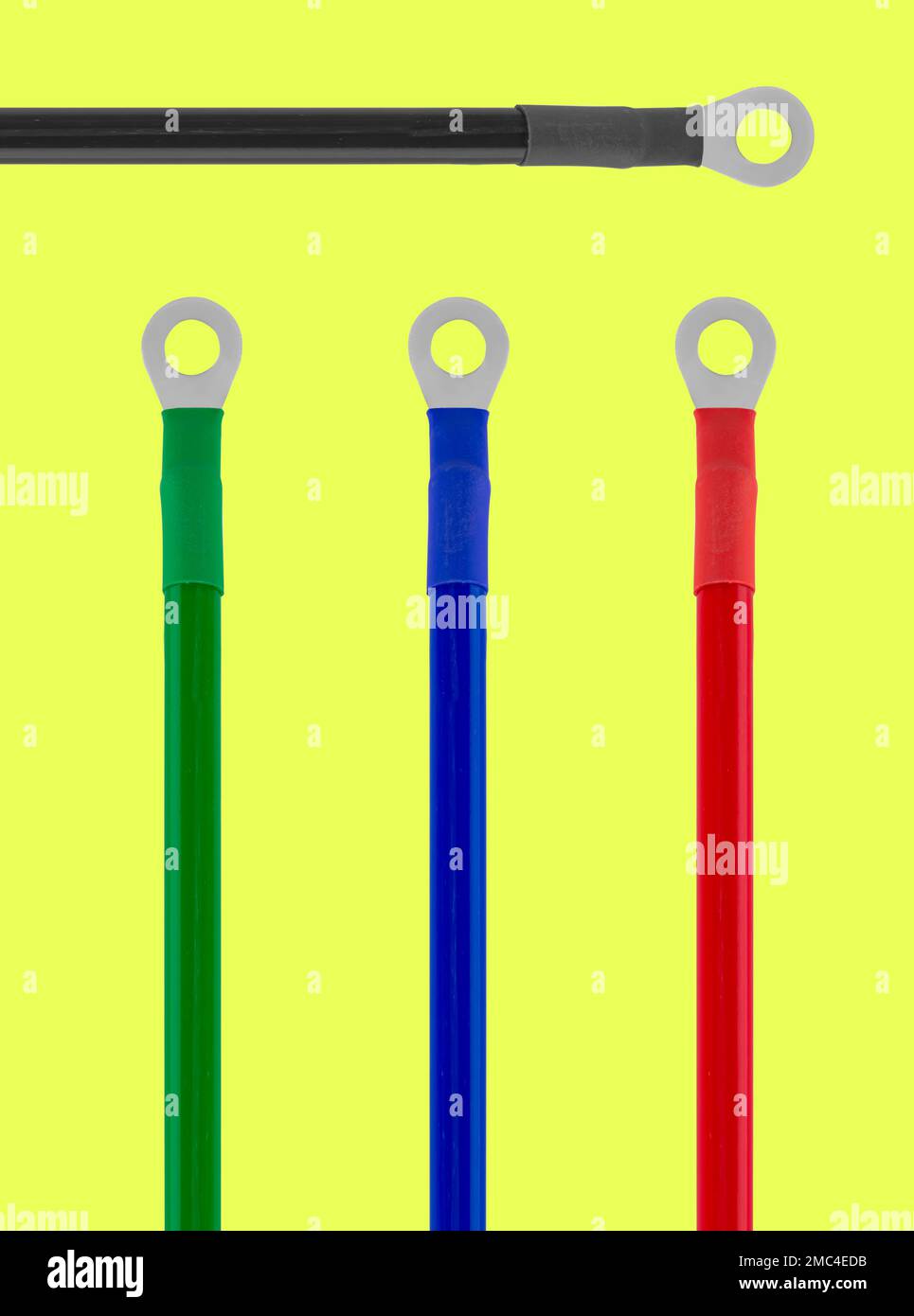 cable with a ring lug, on a yellow background insulated Stock Photo
