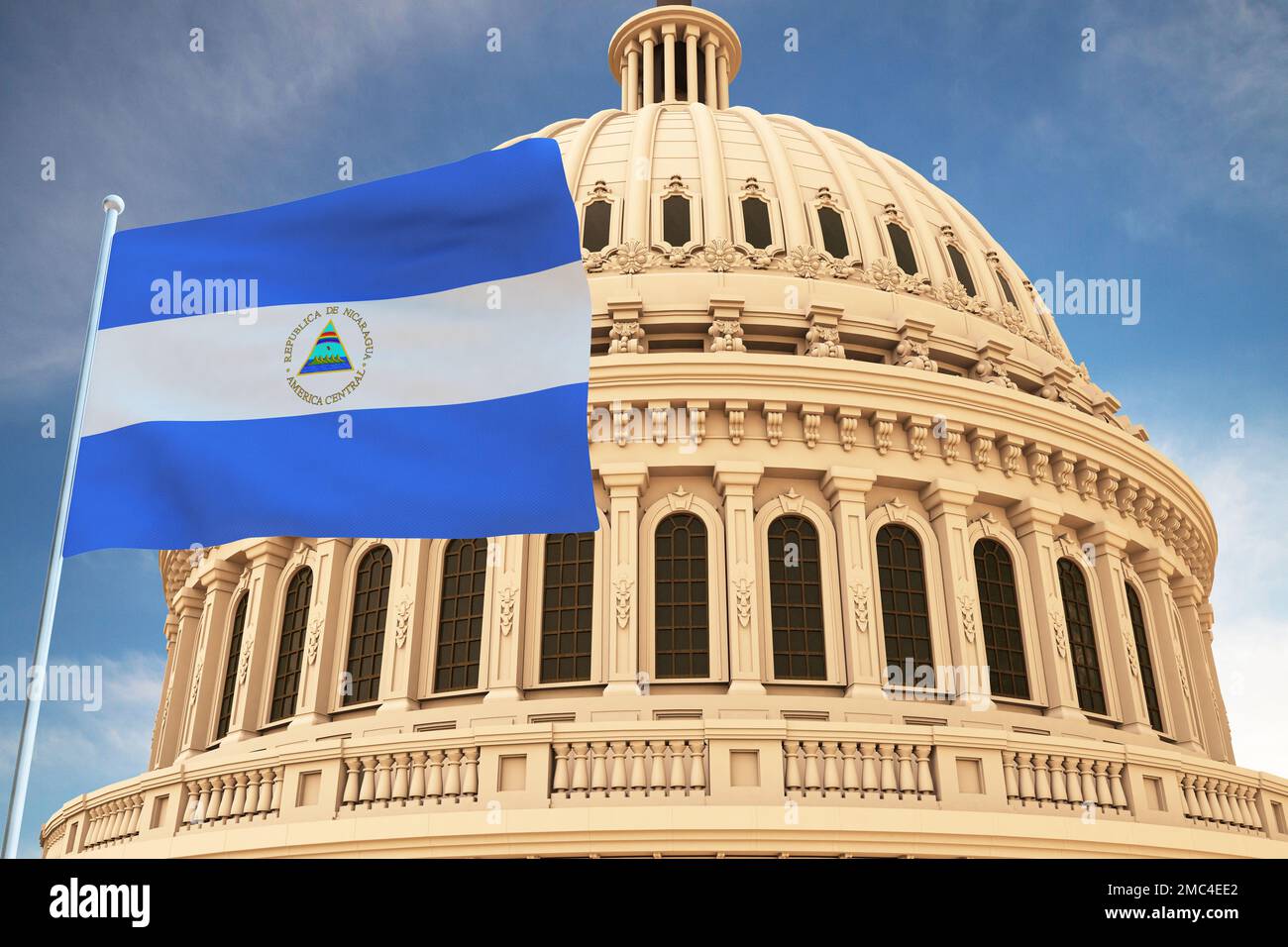 Beautiful flag of NICARAGUA waving with the strong wind and behind it the dome of the Capitol USA 3D RENDER, 3D RENDERING. Stock Photo