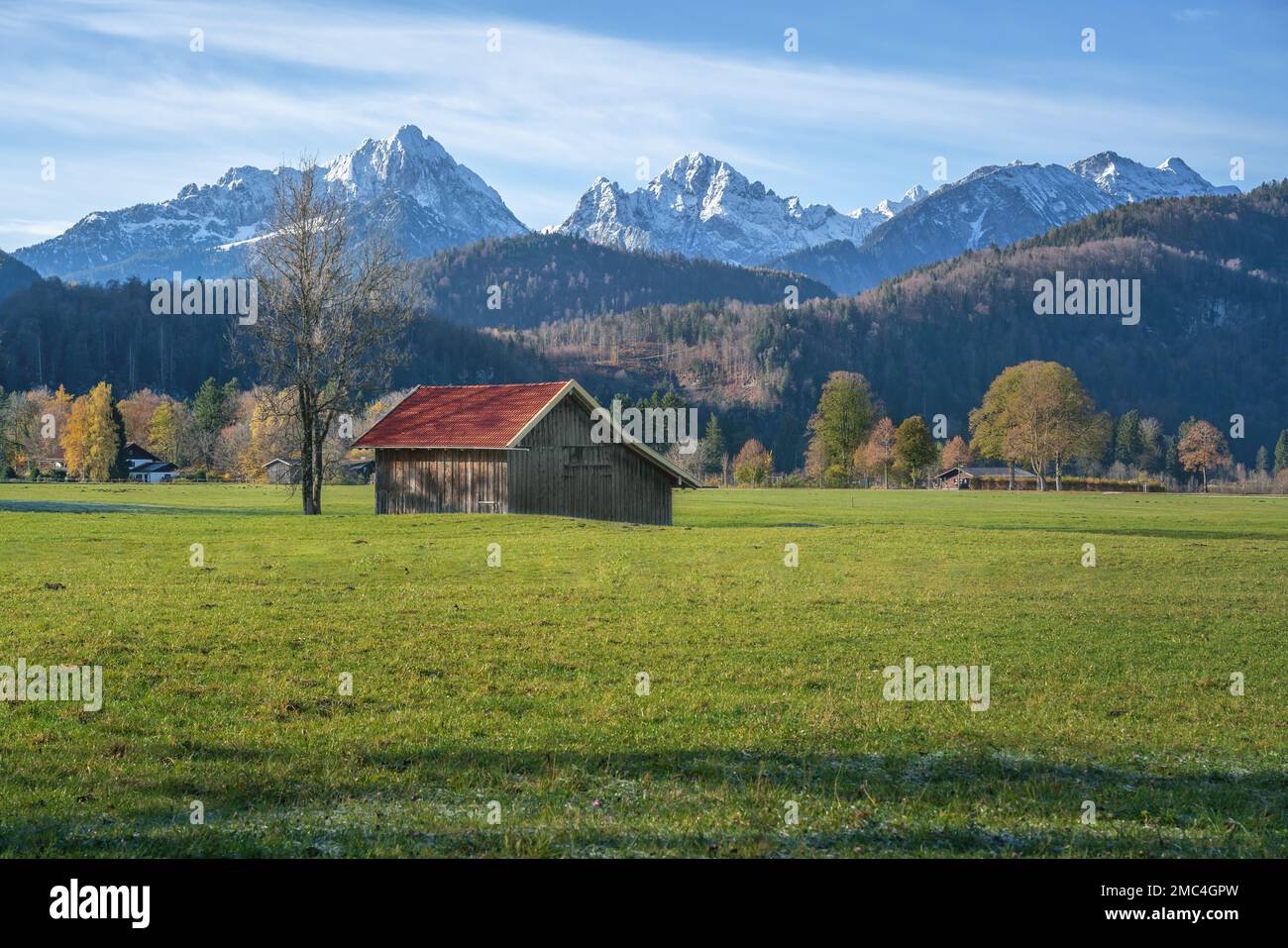 Wooden house with red roof on a field with Alps Tannheim Mountains - Schwangau, Bavaria, Germany Stock Photo