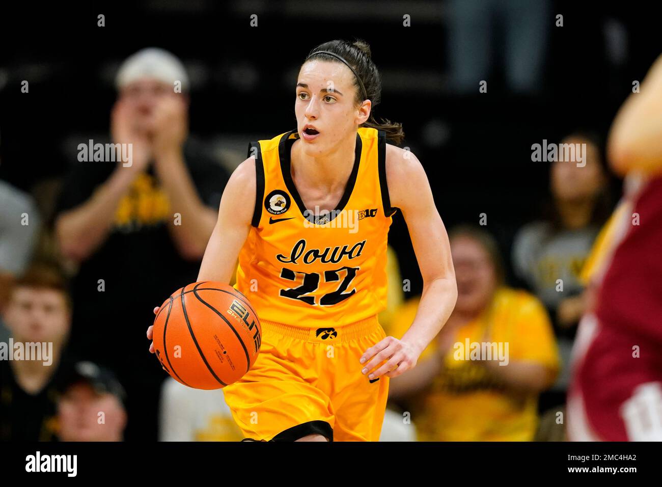 Iowa guard Caitlin Clark drives up court during the second half of an ...