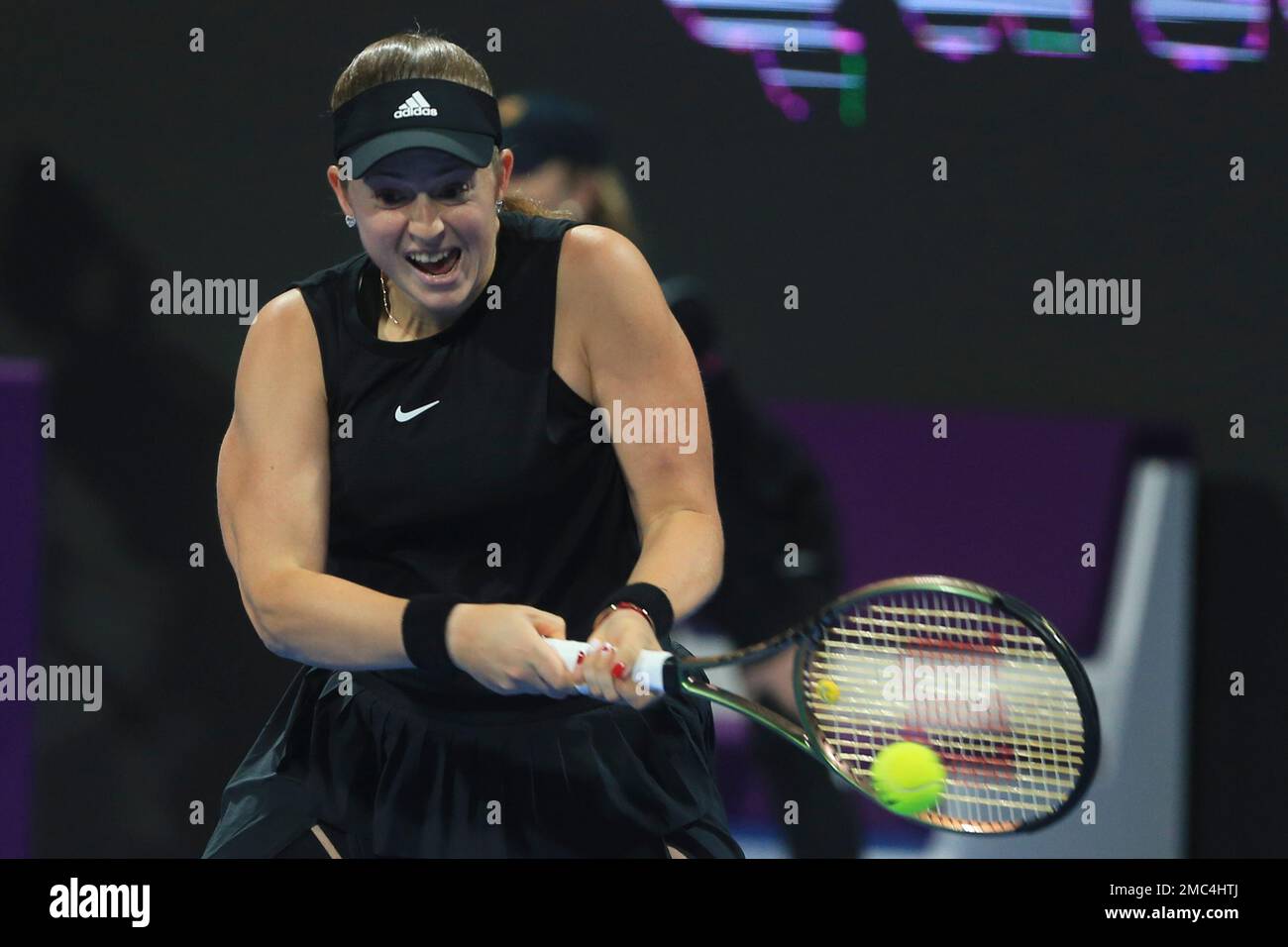Jelena Ostapenko of Latvia returns during a semi-final matcha against