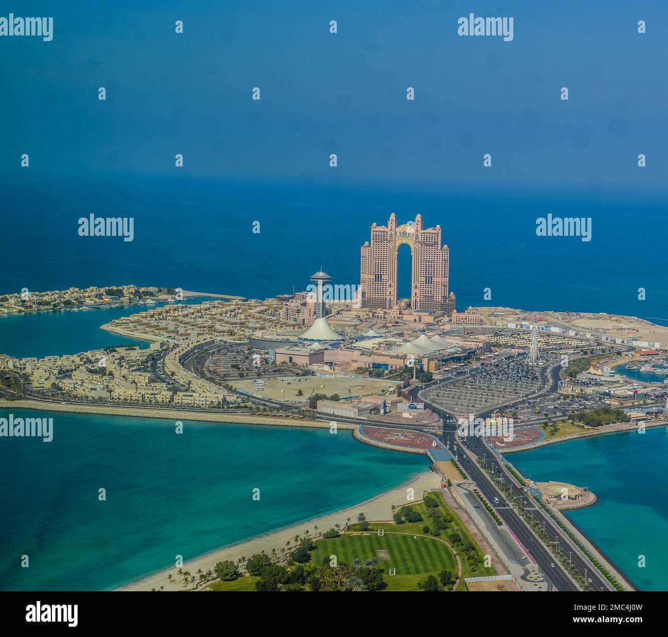 Bird's eye and aerial view of Abu Dhabi city from observation deck in Etihad towers Stock Photo