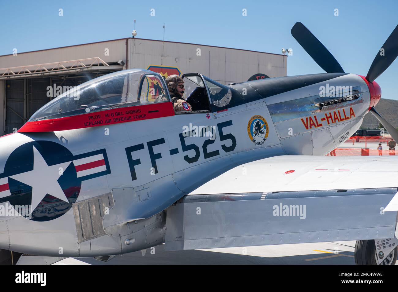 A P-51 Mustang sits on the ramp in Klamath Falls, Oregon, June 24, 2022.  The P-51 flew alongside a U.S. Air Force A-10 Thunderbolt II as part of a  Heritage Flight formation.