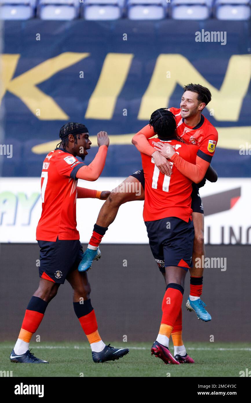 Luton Town's Harry Cornick celebrates with Luton Town's Elijah Adebayo ...