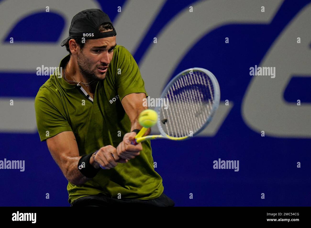 Matteo Berrettini of Italy returns a ball during a match againstto Tommy Paul of the U.S. at the Mexican Open tennis tournament in Acapulco, Mexico, Tuesday, Feb