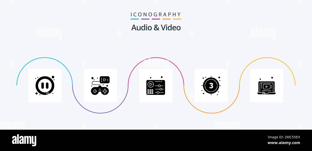 Audio And Video Glyph 5 Icon Pack Including laptop. start. audio. movie