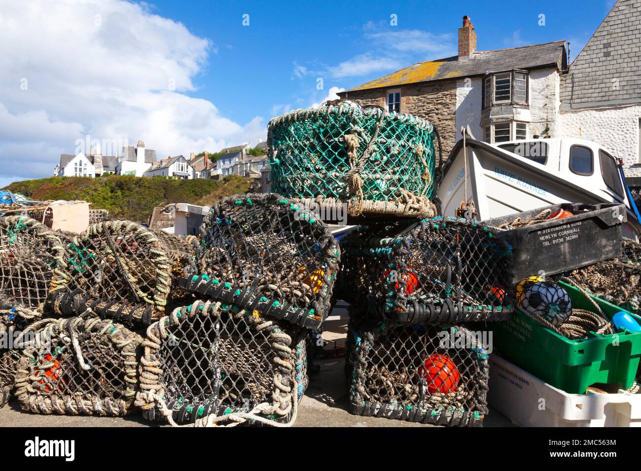 Lobster pots in the harbour at Port Isaac, Cornwall, England, U.K Stock