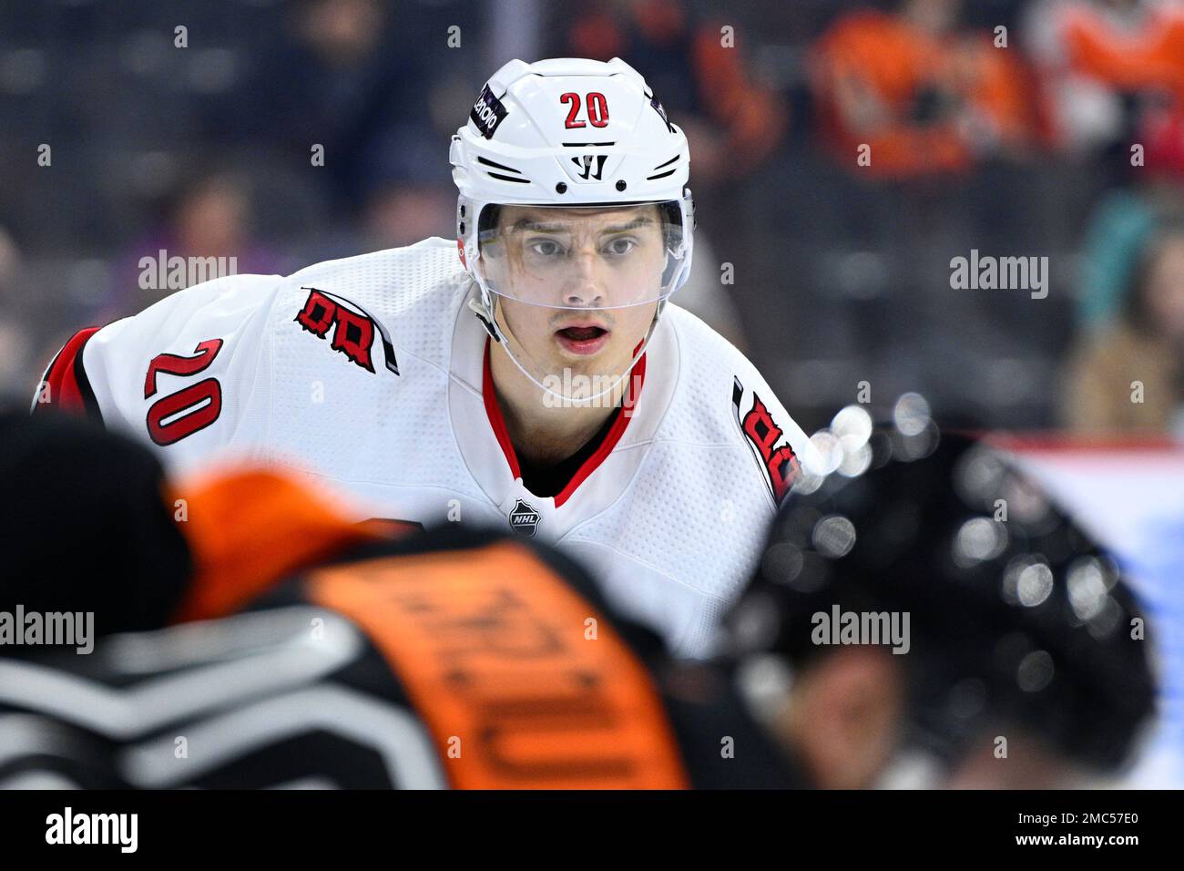 The Carolina Hurricanes' Sebastian Aho (20) celebrates his goal on a power  play during the second period against the Washington Capitals at PNC Arena  in Raleigh, N.C., on Friday, Jan. 12, 2018. (